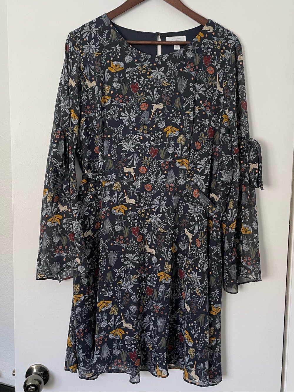 LC Lauren Conrad Runway Dress XL Unicorn Garden Floral Bell Sleeve Fit Flare